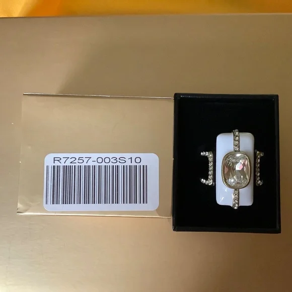 Heidi Daus New Century Crystal & Enamel Art Deco Ring  White Black SZ 10 - Picture 3 of 13